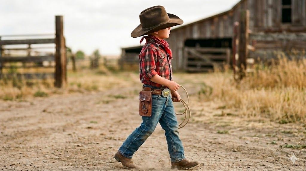 Menino cowboy com cinto artesanal e capa de celular — Pimenta Country AJ